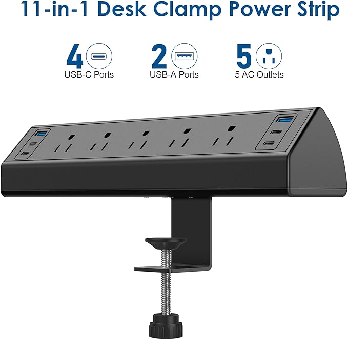 Desk Clamp Power Strip USB C,Under Desk Mount Power Station,20W Fast Charging,Fits 1.9'' Tabletop Edge,Desk Surge Protector,Perfect Home,Office Supplies (Black, 5 Outlets & 6 USB Ports & 25 FT Cable)