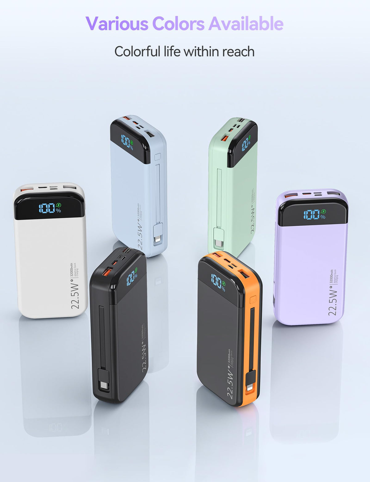 Phone Battery Bank 32000mAh 22.5W w/Built-in Cables & USB C Fast Charging