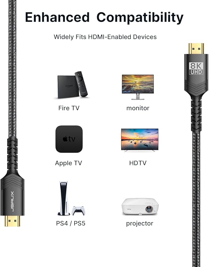 JSAUX 8K HDMI Cable 2 Pack 10ft, 48Gbps High Speed HDMI 2.1 Braided HDMI Cord, 4K 120Hz 144Hz, 8K 60Hz, Dynamic HDR, DTS:X, 2K, 1080P, 3D, eARC Compatible for Laptop UHD TV Gaming Monitor PS5 -Black