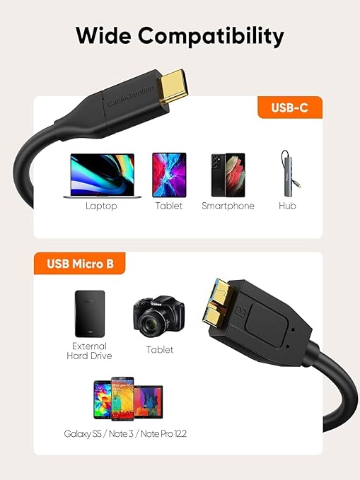 CableCreation 1FT*2 USB C to Micro B Cable,10Gbps Speed External Hard Drive Braided,USB 3.1 Type C to Micro B Work for iPhone 15/16,Seagate WD Westgate My Passport,MacBook Pro,iPad/Tablet,Black