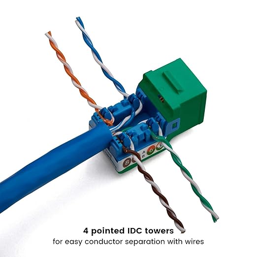 trueCABLE Cat6 Keystone Jack, Unshielded (UTP), 90 Degree Punch-Down, PoE++ (4PPoE) 100W, UL Listed, ETL Verified, ANSI/TIA Certified, Modular RJ45 Female, Green, 12 Pack