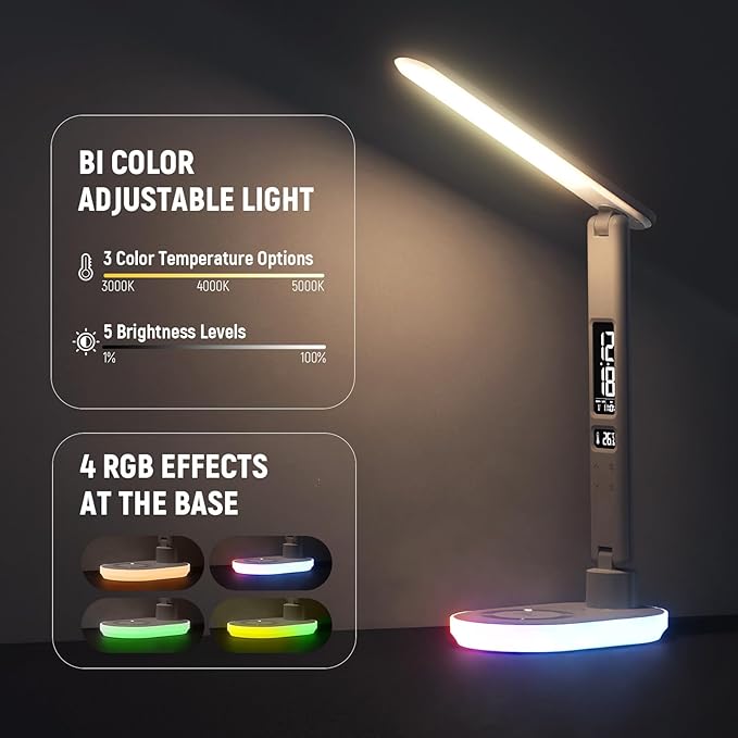 NEEWER Entry Level Version LED Desk Lamp with USB A Output, 3 Modes/5 Brightness Levels/4 RGB Effects/CRI85, LCD for Temp/Date/Time/Alarm, Eye Caring Touch Table Light for Home Office/Reading, N20