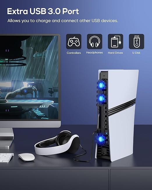 Auto Cooling Fan for PS5 Pro/Slim, USB 3.0 Port, Adjustable 3 Speed, with LED Light, Memory Function, Quiet and Efficient Cooling System for PS5 Pro/Slim Cooling Fan