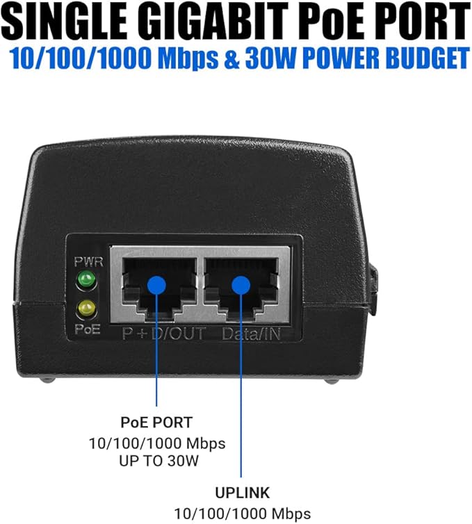 BV-Tech Gigabit Power Over Ethernet PoE+ Injector | 30W | Plug & Play | up to 325 Feet