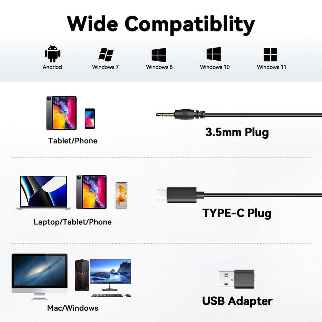 Wantek Headset with Microphone for PC Wired Headphones - USB C 3.5mm Headsets with Noise-Cancelling Microphone for Laptop