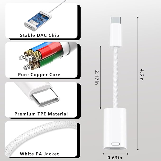 USB C to Lightning Headphone Audio Adapter, Type C Male to Female Lightning Earphone Converter with Charge/Data Transfer, Compatible with iPhone 17/16/15 Plus/Pro/Max, iPad Pro/Air 6/5/4, MacBook