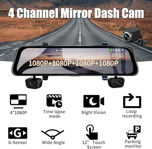 4 Channel Mirror Dash Cam, 360 Dash Camera FHD 1080P Front and Rear 12'' Full Touch Screen, Built-in WiFi, GPS, Parking Monitor, IR Night Vision with Free 128G Card