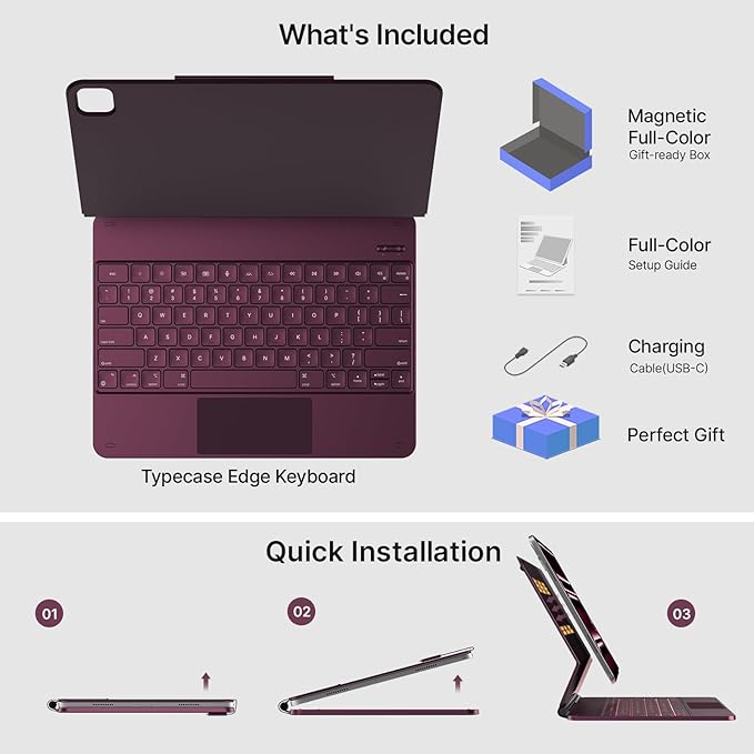 typecase Keyboard Case for iPad Pro 13-inch (M4) 2024,Magic Keyboard with 11 Colors Backlight for iPad Pro 13,Keyboard Case with Pencil Holder,Multi-Touch Trackpad,Easy-Set Magnetic Stand(Raspberry)