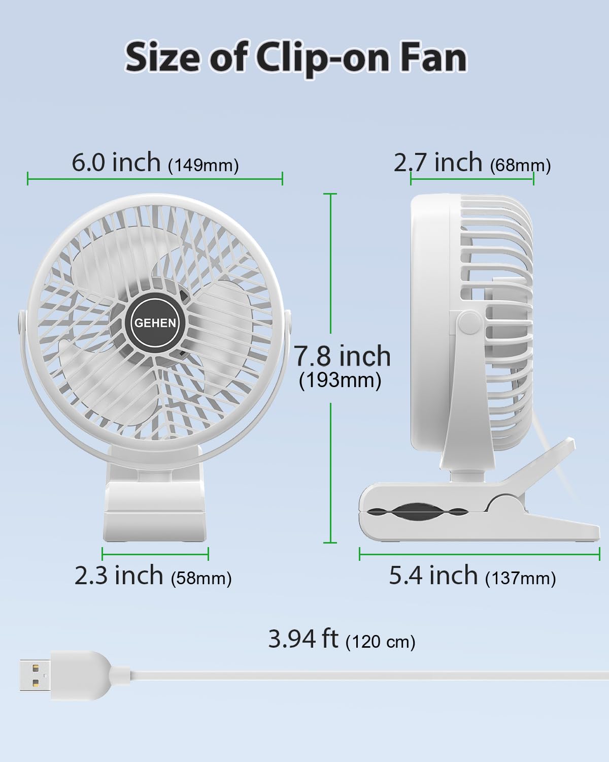 GEHEN Small Clip on Fan, 3-Speed Fan with Strong Airflow, USB-Powered Clip & Desk Fan with Sturdy Clamp, Ultra Quiet for Office Dorm Bedroom Stroller