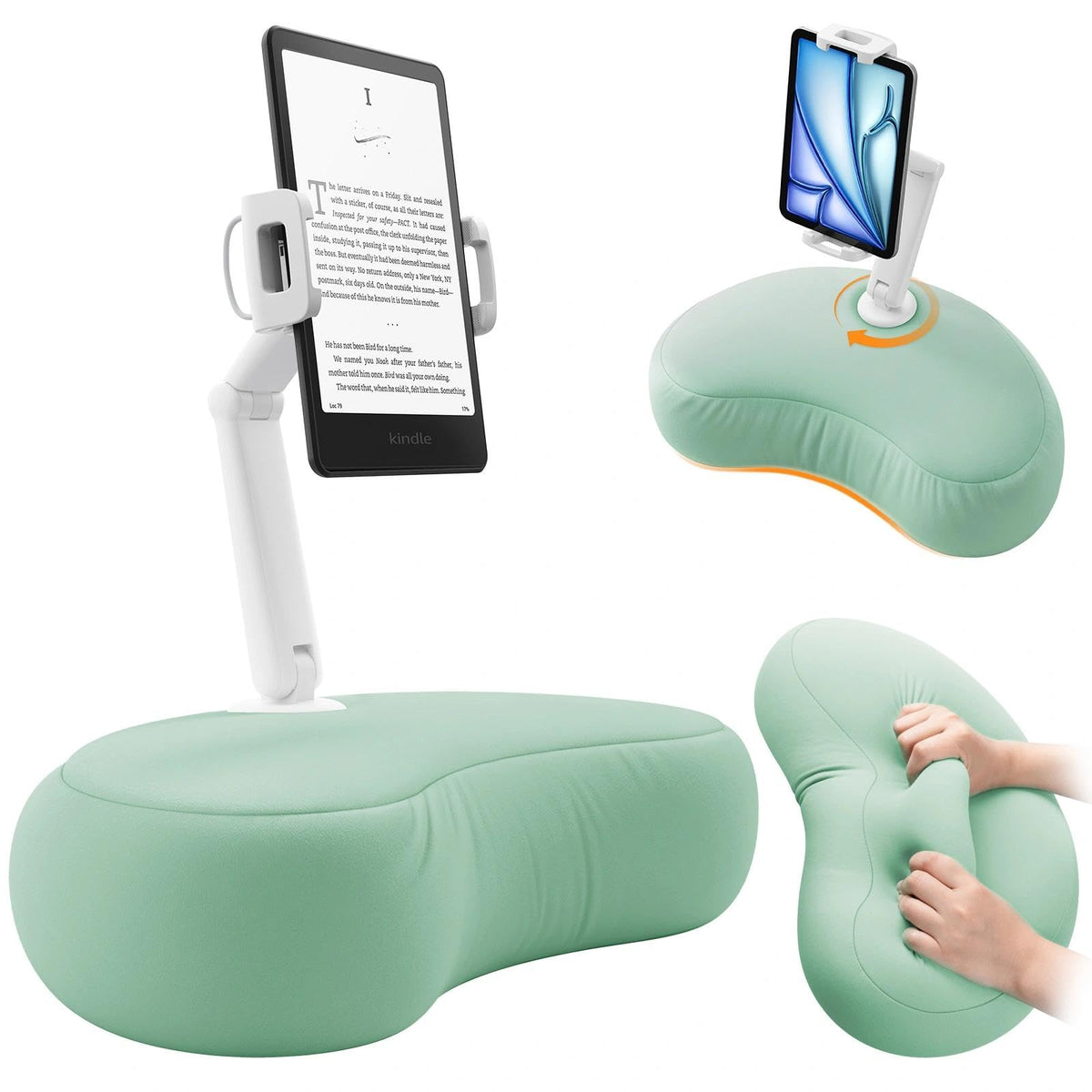 SAIJI Tablet Pillow Stand, Kindle Holder Compatible with 4.7-15.6” Kindle, Phone, Portable Monitor, 360° Adjustable Tablet Stand for Bed with Flexible Dual Axis Arm&Microbead Cushion (Orange)