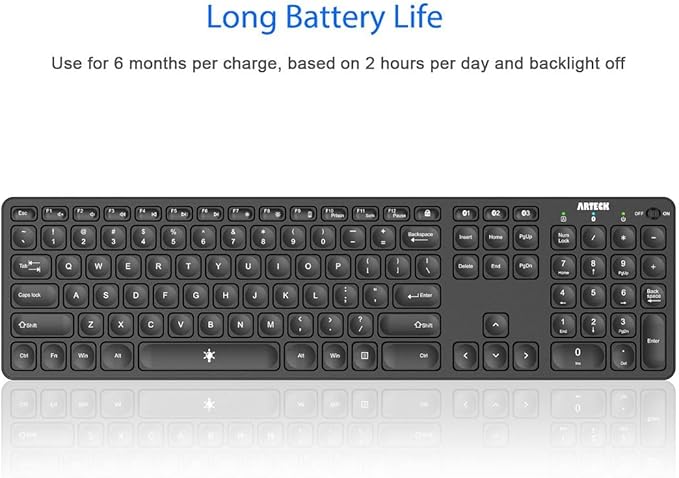 Arteck Universal Backlit 7-Colors & Adjustable Brightness Multi-Device Full Size Wireless Bluetooth Keyboard for Windows, iOS, iPad OS, Android, Computer Desktop Laptop Surface Tablet Smartphone