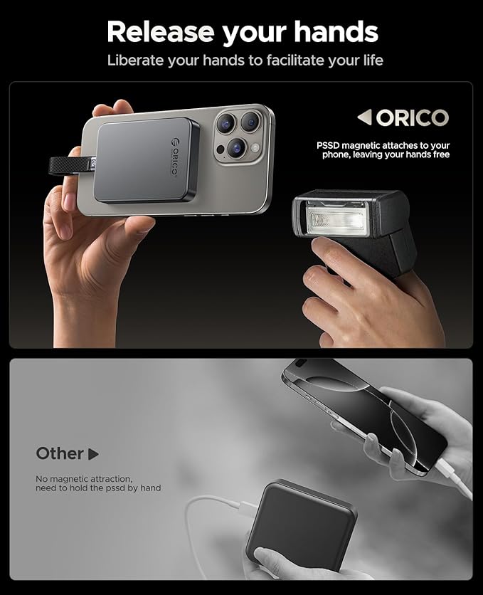 ORICO 512 GB Magnetic SSD, PD100W Charging, 4K ProRes HDR, 1000MB/s USB 3.2, Portable External Drive for iPhone 16/15, Laptops, Tablets - Aluminum Alloy, Drop Resistant - K10
