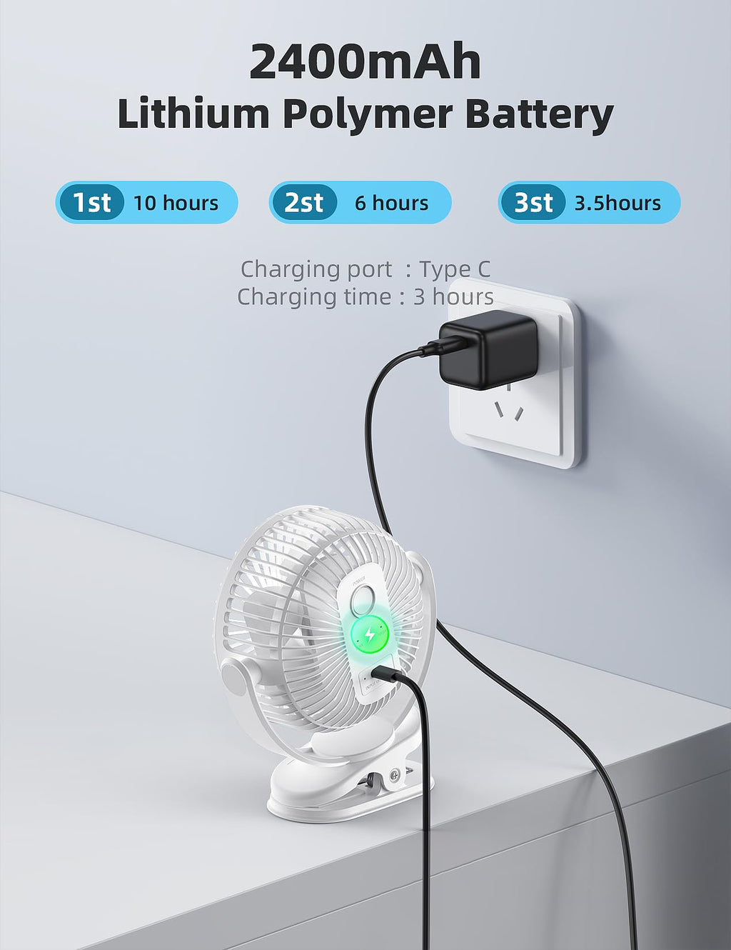Svinkal usb Personal Clip on Fan 2400mAh Battery Operated 6in, Type C, 3 Speed, 720 adjustment, Small Portable Fan for Table, Bedroom, Desk, dormitory, Camping, Stroller, Golf Cart