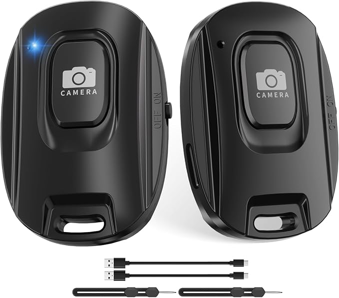 MAIRAN 2 Pack Rechargeable Wireless Camera Remote Shutter for iPhone and Android Smartphones, Bluetooth Phone Remote Control,Selfie Button for Photos and Videos Charging Cable and Wrist Strap Included
