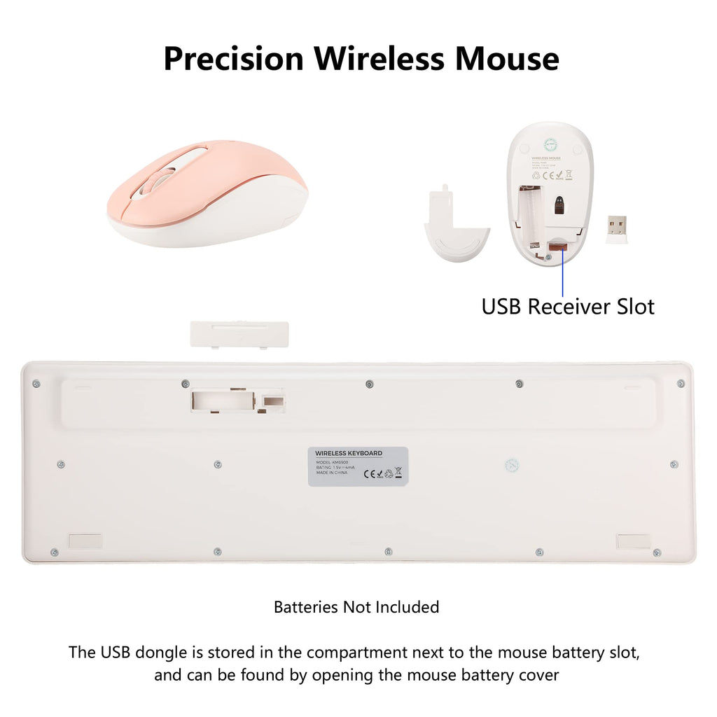 Wireless Keyboard and Mouse Combo, 2.4G Silent Cordless Keyboard Mouse Combo for Windows Chrome Laptop Computer PC Desktop, 106 Keys Full Size with Number Pad, 1600 DPI Optical Mouse (Pink)
