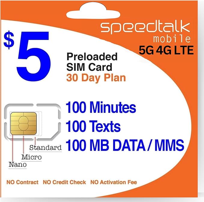 SpeedTalk Mobile $5 Prepaid SIM Card – Top Value Plan for Smartphones & Cellphones | 100 Minutes, 100 Texts, 100MB Data | 5G/4G LTE | Triple-Cut (Mini, Micro, Nano) | No Contract – 30-Day Service
