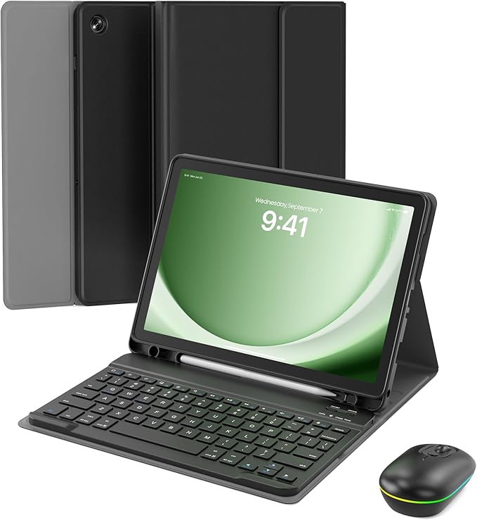 for Samsung Galaxy Tab A9 Plus 11 inch Case with Keyboard, Backlit Mouse and Detachable Magnetic Keyboard, Multi-Angle Stand Folio Slim Cover with S Pen Holder for Tablet A9+ 2023, Black