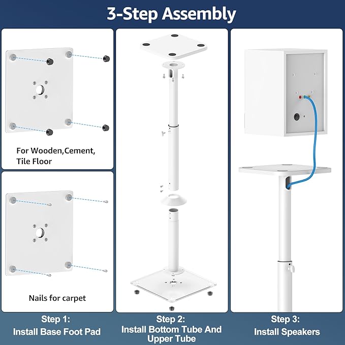 MOUNTUP Universal Speaker Stands Pair 28.3" to 37.4" Height Adjustable Floor Speaker Stands, Holds Bookshelf & Satellite Speaker Large Speaker, Up to 22LBS Cable Concealing 9.8" Plate White MU9132W-L