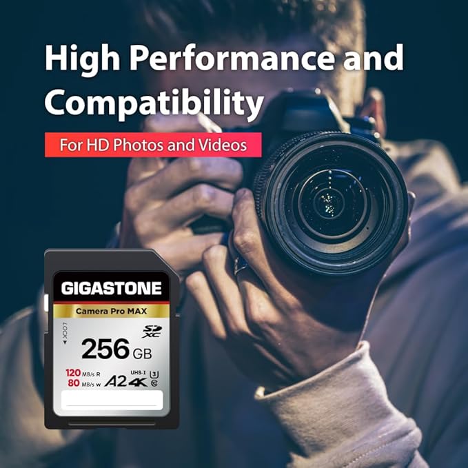[5-Yrs Free Data Recovery] GIGASTONE 256GB 2-Pack SD Card, 4K Camera Pro MAX, A2 4K SDXC Memory Card High Speed 4K UHD Video Compatible with Canon Kodak Digital Camera, with 2 Mini case