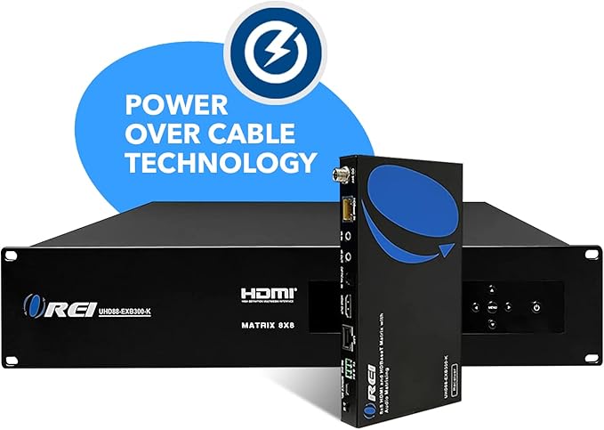 OREI 8X8 4K HDMI Matrix Switcher Extender - HDBaseT UltraHD 4K @ 60Hz 4:4:4 Over Single CAT5e/6/7 Cable with HDR, CEC & IR Control, RS-232 - Up to 400 Ft - Additional 8 Loop Out - 8 Receivers