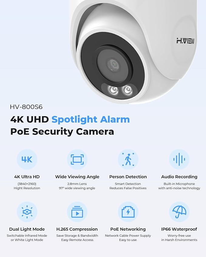 H.VIEW 4K Security Camera System, 4pcs H.265 PoE Wired Turret Cameras with Person Detection, 4K/8MP 8CH NVR with 3TB HDD for 24-7 Recording,Trigger Color Night Vision, Email Alert, AI Human