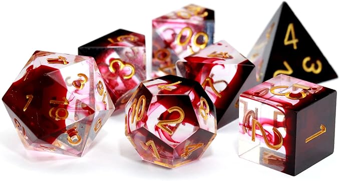 Haxtec Sharp Edge DND Dice Set, Gold Flakes Resin Polyhedral RPG Dice
