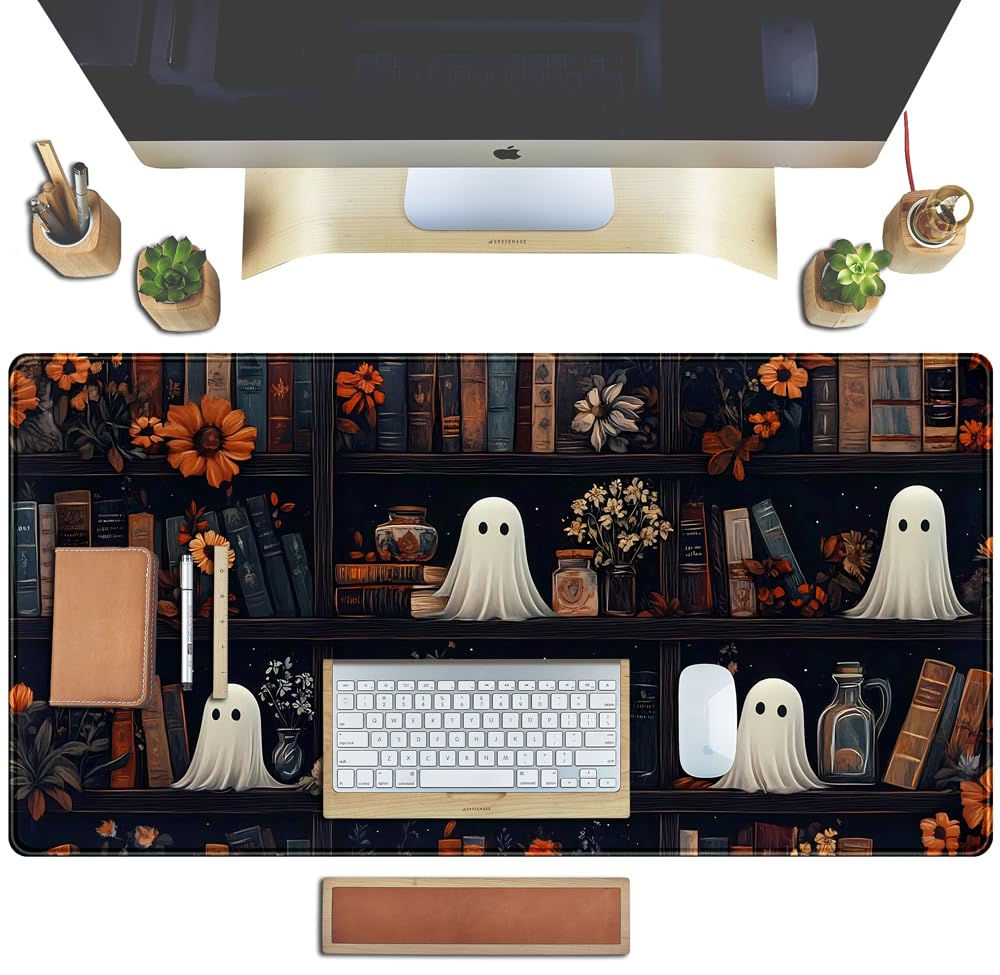 Cute Ghost Desk Mat Dark Vintage Large Mouse Pad Gaming Black Mouse Pad XXL Large Gaming Mousepad Desk Mat for Desktop Office Computer Laptop Keyboard and Mouse Mat - 31.5 X 15.7 in Desktop Protector