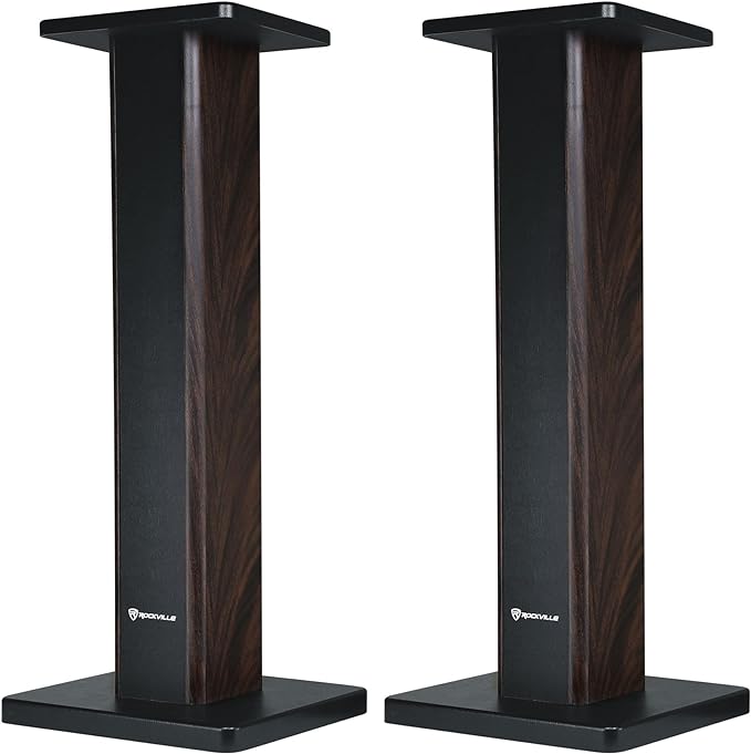 Rockville Pair RHT28D 28" Bookshelf Speaker Stands, Dark Wood Grain, 60 lbs Capacity, Sand-Fillable Design, Dual Platform Sizes, Anti-Slip Pads, for Home Theater and Studio Monitors