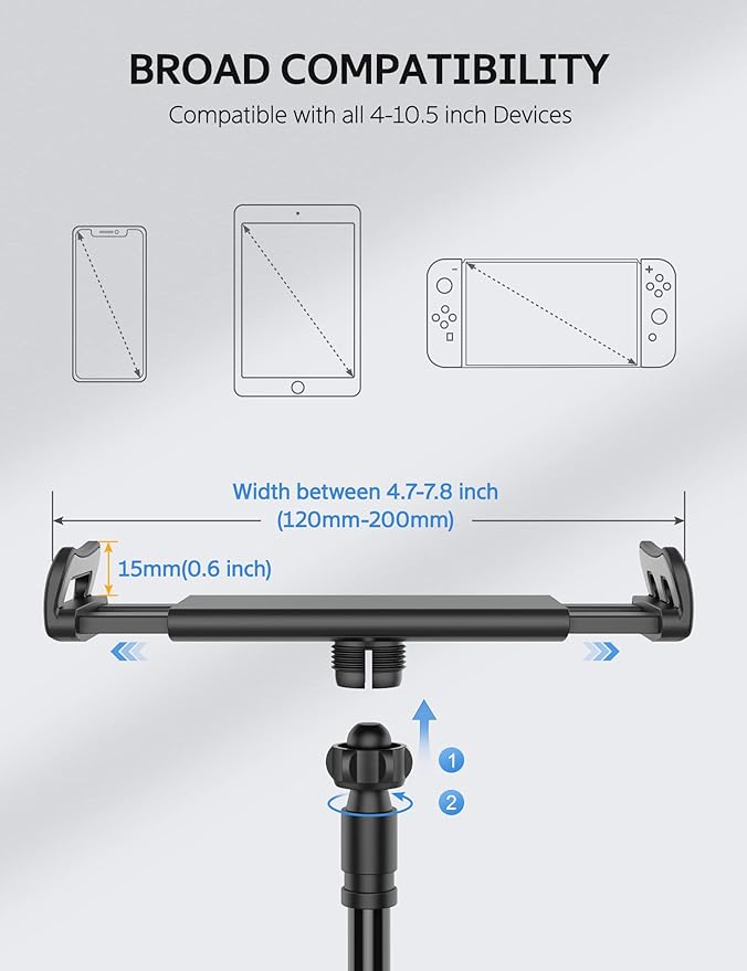 SHAWE Gooseneck Tablet Holder Phone Stand, Flexible Tablet Mount for Bed, 360 Adjustable Lazy Arm Holder Clamp Mount for iPad Air Pro mini, Samsung Galaxy Tabs, iPhone, Switch, 4.0~10.5" (Black)