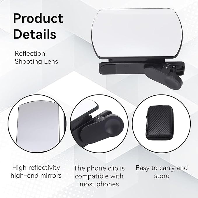 Mirror Effect Lens - Capture Stunning Reflections Instantly, Smartphone Camera Mirror Reflection Clip Kit, Adjustable Angle Mobile Phone Camera Mirror Clip for Outdoor Travel Photography (Black)