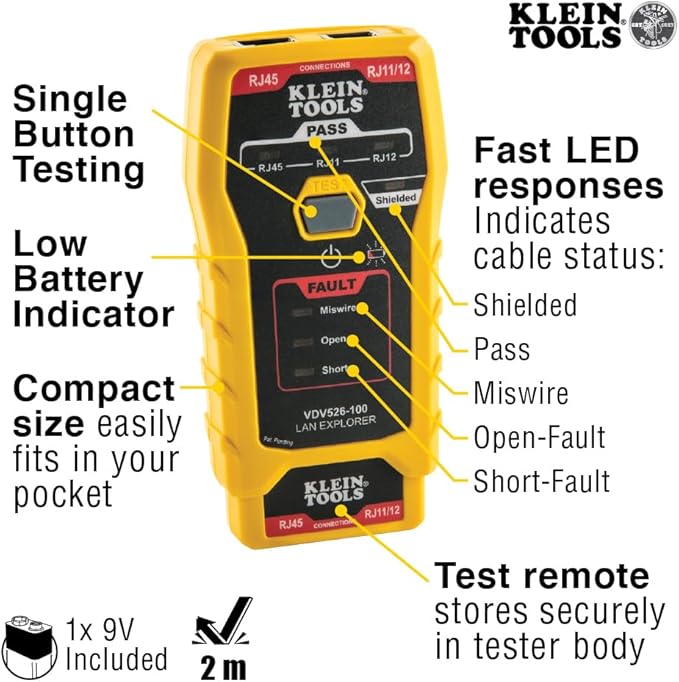 Klein Tools VDV026-813 RJ45 Ethernet Cable Tester and Crimper Kit, Pass-Thru Technology, Includes Connectors for Cat5e / CAT6 Data Applications, Pack of 50