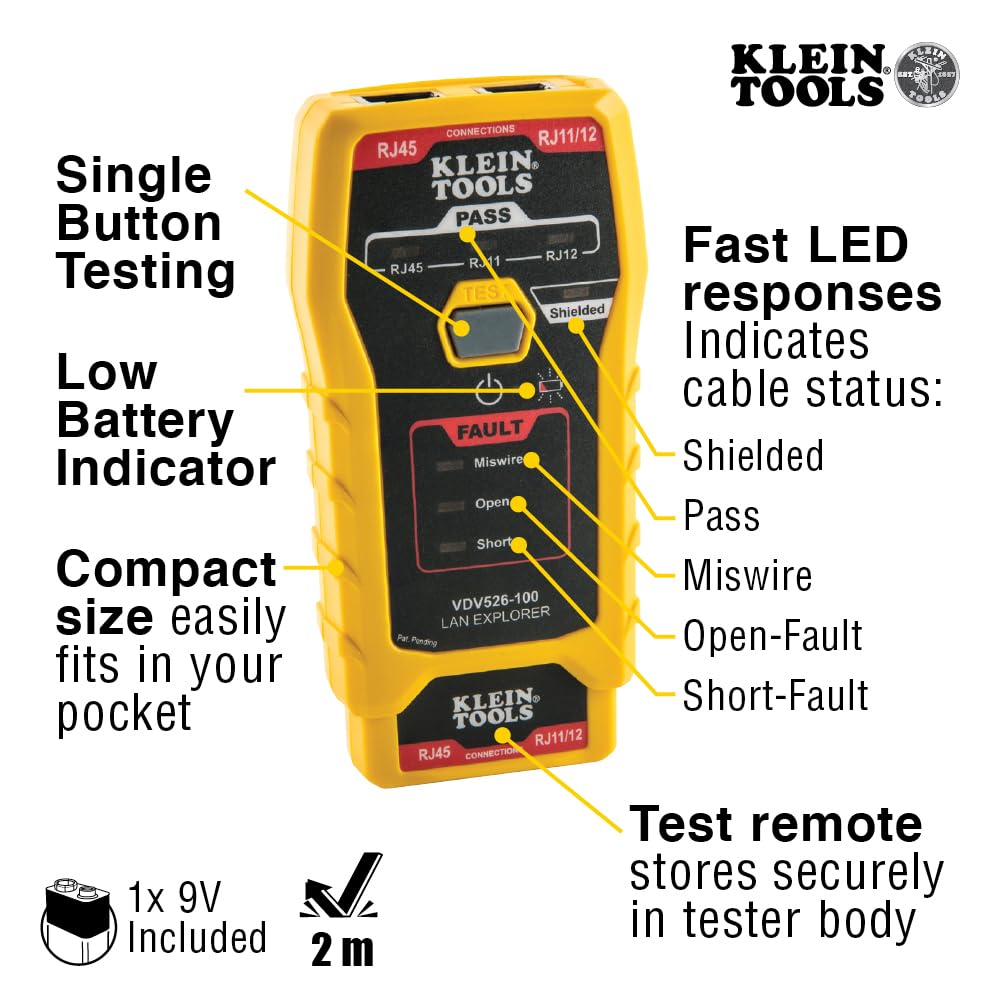 Klein Tools VDV026-813 RJ45 Ethernet Cable Tester and Crimper Kit, Pass-Thru Technology, Includes Connectors for Cat5e/CAT6 Data Applications, Pack of 50