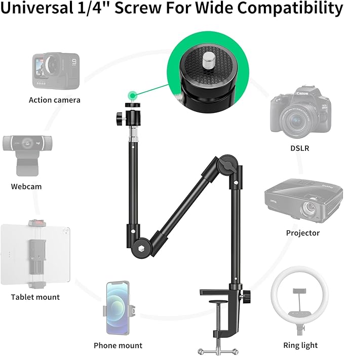 Webcam Stand Camera Mount with Phone Holder & 5/8" Screw, 22in Flexible Projector Stand Gooseneck Desk Mic Stand for Logitech C922 C930e C920 C615 C960 Brio 4K, GoPro, Blue Yeti Snowball Ice