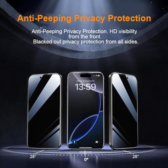OneFish Privacy Screen Protector for IPhone 16 Pro Max Anti-Spy Tempered Glass Dust-Free Bubble-Free Anti-Fingerprint 9H Scratch Protection & Hassle-Free Installation Frame [2-Pack]