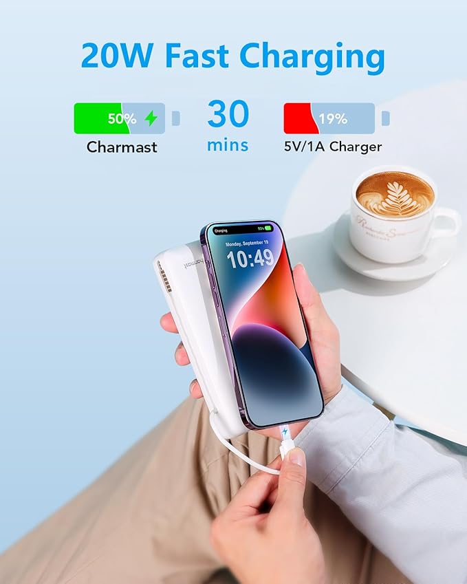 Charmast Portable Charger with Built-in Cables and Wall Plug, 20000mAh 20W USB C Power Bank Fast Charging Battery Pack Travel Essentials Compatible with iPhone 16/15/14/13 Series, Samsung Google iPad