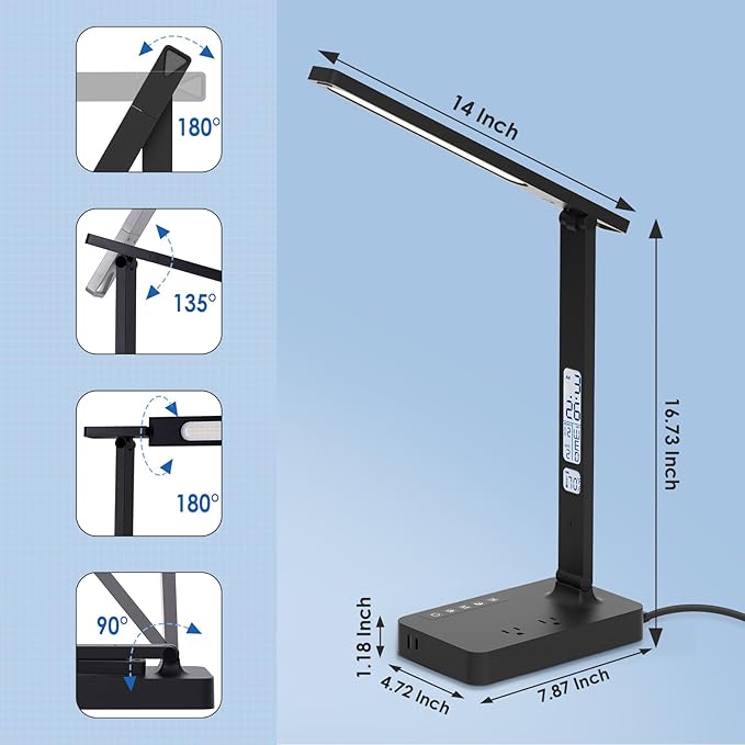 Infiway Desk Lamp with USB Charging Port: LED Eye-Caring Smart Table Light for Home Office - 1 Type-C, 1 USB-A Charging Port, 2 AC Power Outlets