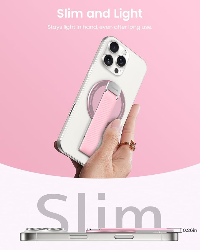 2025 Klearlook for MagSafe Phone Grip with Silicone Finger Strap, Removable Magnetic Phone Ring Holder with Adjustable Kickstand, Finger Phone Ring Grip for iPhone 16/15/14/13/12 Series, Pink