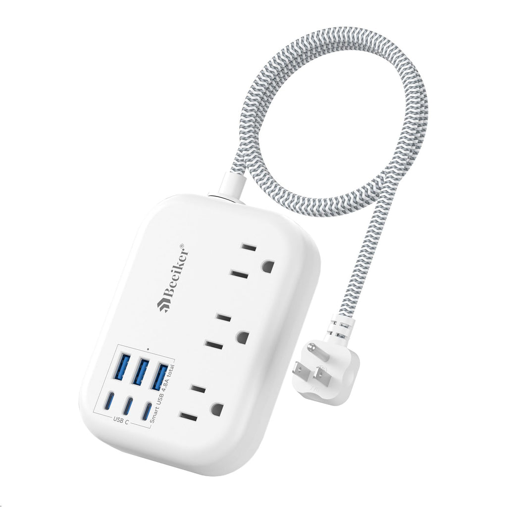 Beeiker Short Extension Cord 2 Foot Travel Power Strip 6 USB 3 Outlets