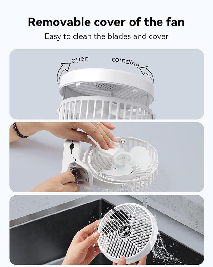 Portable Clip-on Fan 10000mAh Rechargeable Battery Powered – 3-Speed Quiet Desk & Clamp Fan for Stroller, Camping, Office & Bedroom – 360° Rotation-1PACK-White
