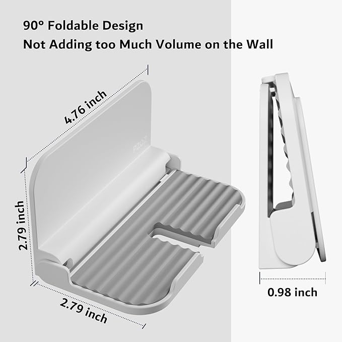 pzoz Wall Mount Cell Phone Holder for Outlet, Foldable Cellphone Stand for Mirror Bathroom Shelf Shower Bedroom Kitchen or Dorm Charging, Compatible with iPhone iPad or Tablet (White)