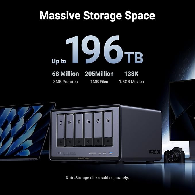 UGREEN NASync DXP6800 Plus 6-Bay Desktop NAS, Intel i3 1215u 6-Core CPU, 8GB DDR5 RAM, 128G SSD, 1X 10GbE and 1X 2.5GbE LAN Port, 2X M.2 NVMe Slots, 4K HDMI, Network Attached Storage (Diskless)