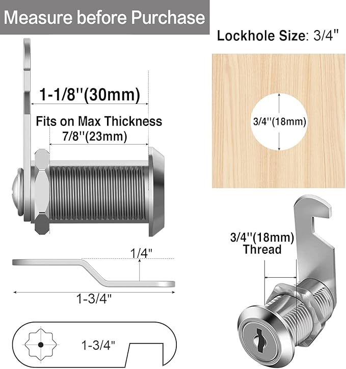 Cabinet Cam Locks Keyed Alike, 1-1/8'' Fits on 7/8'' Max Door Thickness, Secure File Drawer Mailbox RV Storage Replacement Set, Zinc Alloy (1-1/8 Inch 10Pcs)