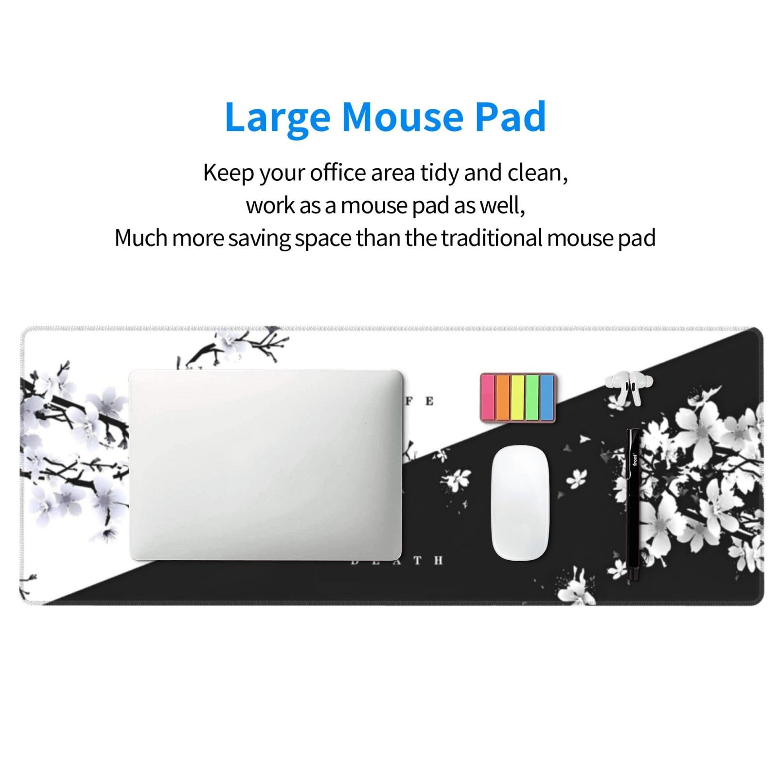 Japanese Life Death Keyboard Mat, Black White Japanese Anime Gaming Mouse Pad for Desk with Anti-Slip Rubber Base and Stitched Edges, Japanese Sakura Pagoda Sun Mouse Pad