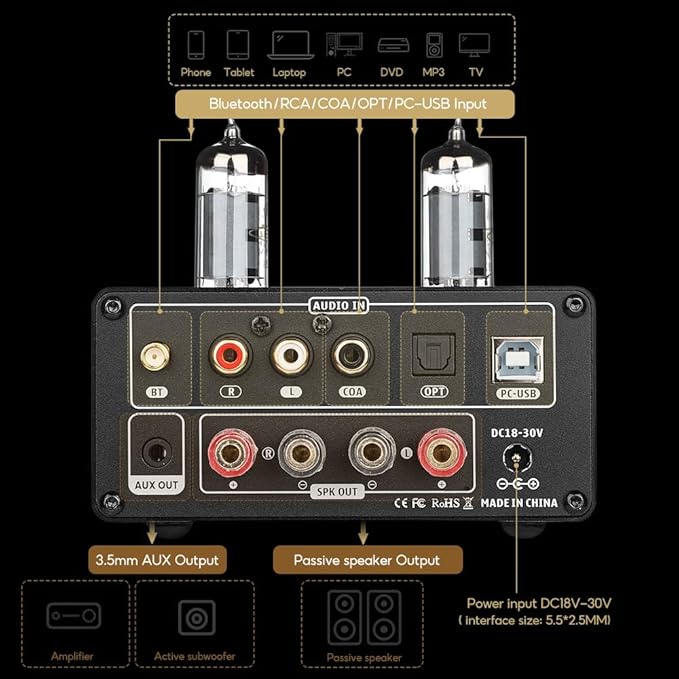 AIYIMA T9 100W*2 Bluetooth Stereo Amplifier Class D Amp 2.0/2.1 Channel Tube Power Amp with PC-USB DAC Coaxial Optical inputs &VU Meter & Bass Treble Tone Control for Home Stereo Speakers