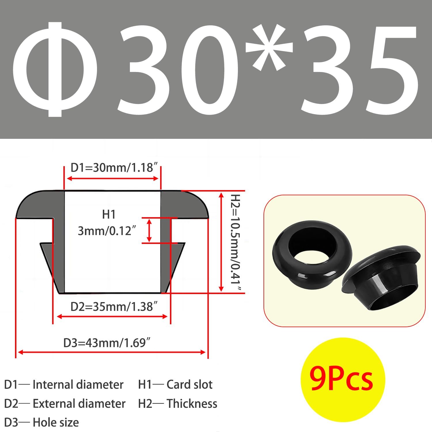 Qrity 9X Rubber Grommets ID 30mm Mount 35mm for Cable