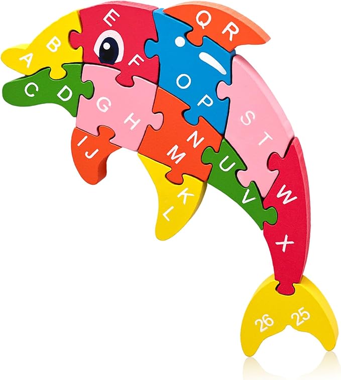LovesTown Wooden Puzzle for Toddlers, Educational Alphabet and Number Jigsaw, Building Blocks for Preschool Learning, Dolphin Theme, 26 PCS