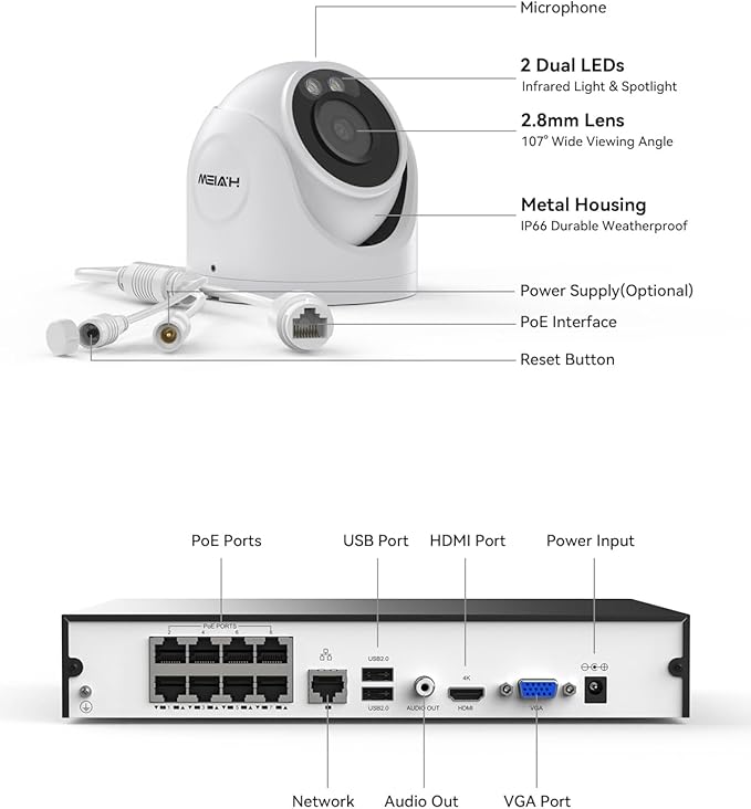 H.VIEW 8CH 4K CCTV Camera Security System, 4TB HDD, 8pcs 8MP Security Camera Outdoor, Trigger Color Night Vision, Two-Way Audio, Human Body Detection, Cameras System for Home Security