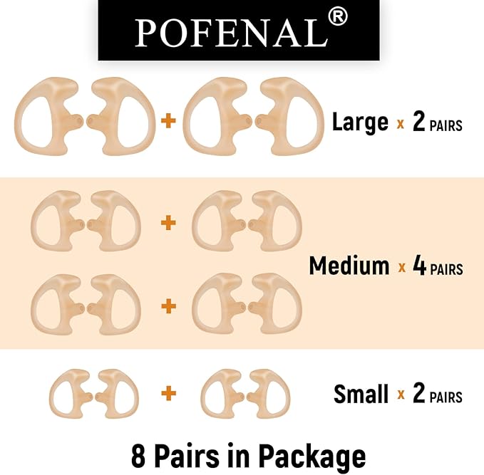 Silicone Replacement Earmold for Motorola/Baofeng/Retavis Radios - Police Walkie Talkie & Law Enforcement Soft Earpiece Inserts (8 Pair, Flesh - 2L/4M/2S)