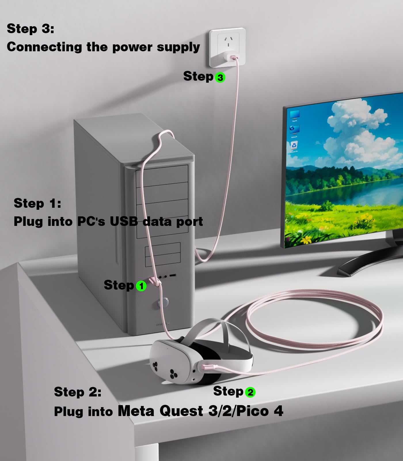 SWITCHFLUX 16FT VR Charging Link Cable | USB 3.0 High-Speed Data & Charge for Meta Quest 3S/3/2/Pro, Pico 4 and PC/SteamVR USB-C Charger Cord for VR Headset - Pink