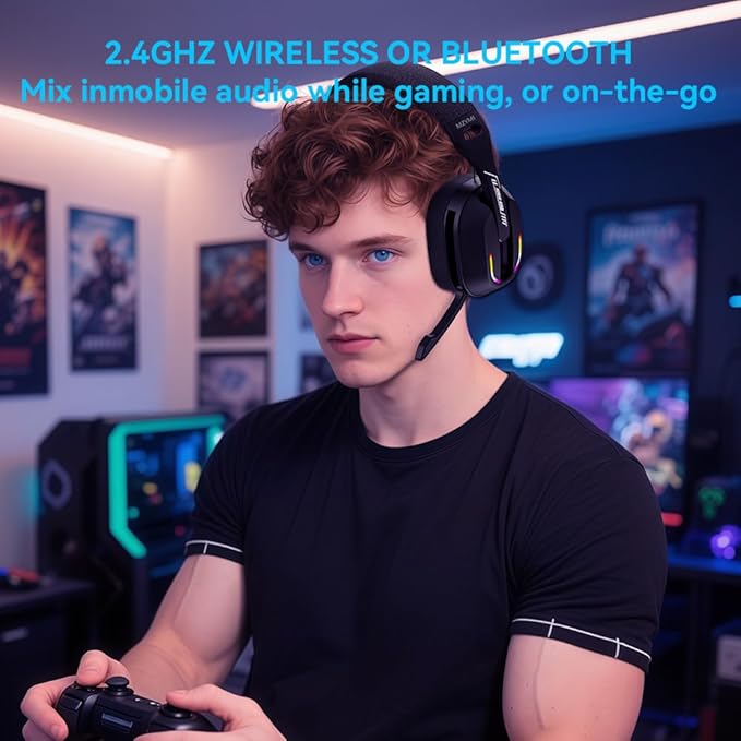 MZYMI 2.4GHz Wireless Gaming Headset for PC, PS5, PS4, Switch - Bluetooth 5.4, 20H Battery, with ENC Noise Canceling Microphone, Cool Lighting, 40mm Drivers,for Wired Mode Xbox Series -Black